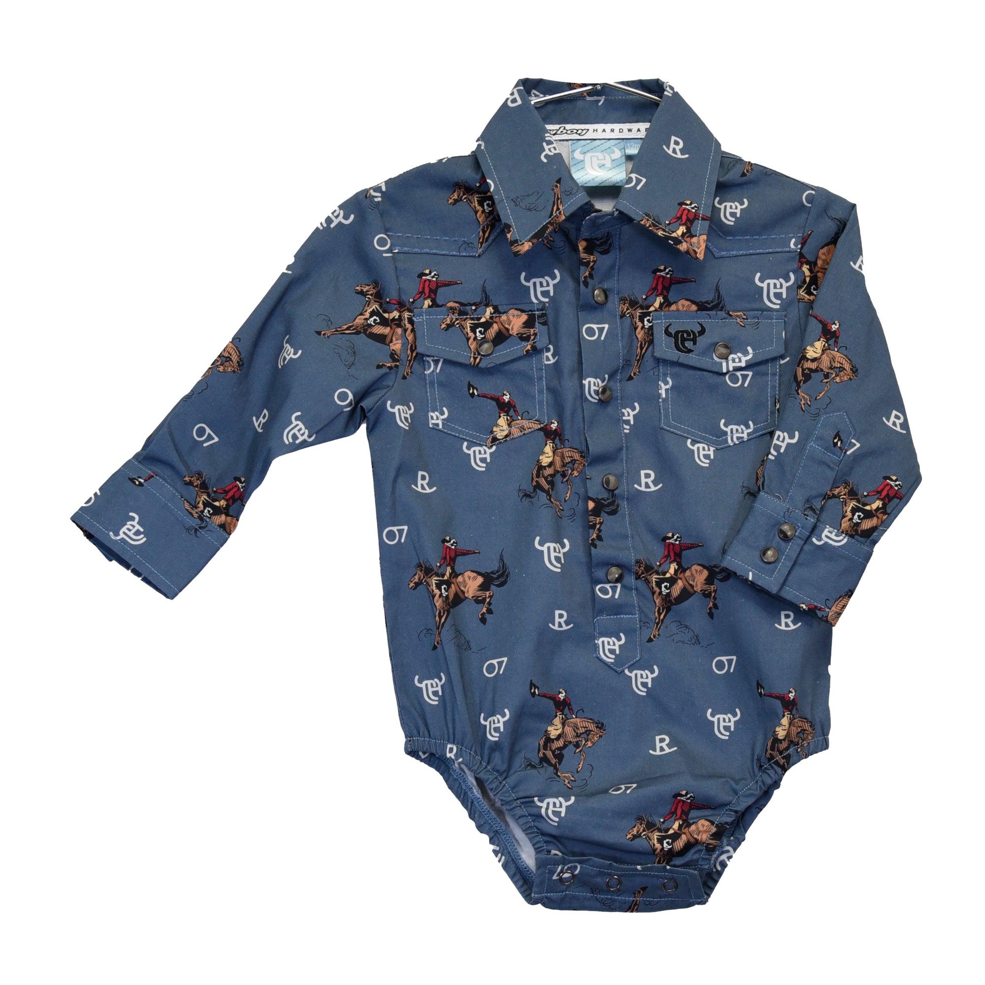 Infant Boys CH "Vintage Bronc" Slate Long Sleeve Romper Western Shirt from Cowboy Hardware