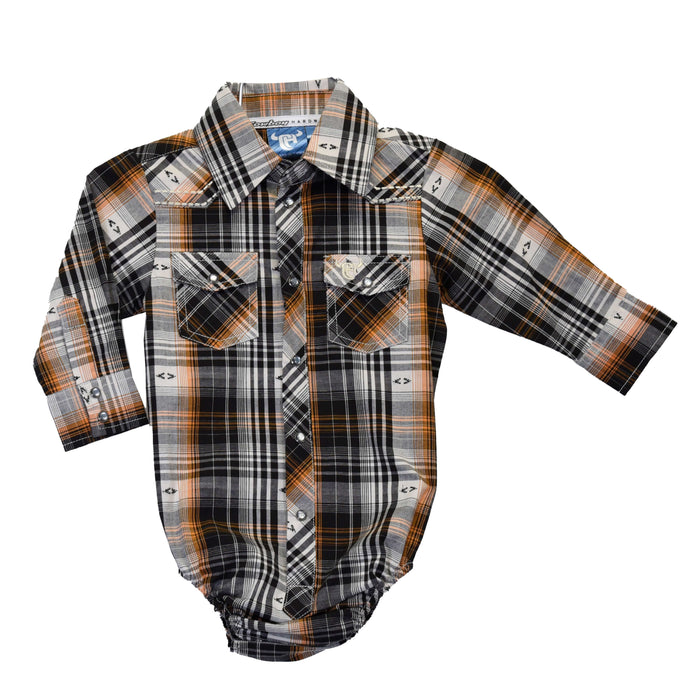 Infant Boys Hermosillo Jaquard Chocolate and Orange Short Sleeve Print Romper from Cowboy Hardware