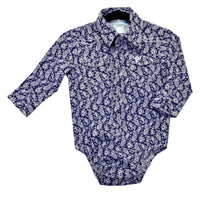 Infant Boy's Navy "Tonal Paisley" Long Sleeve Romper Western Shirt from Cowboy Hardware