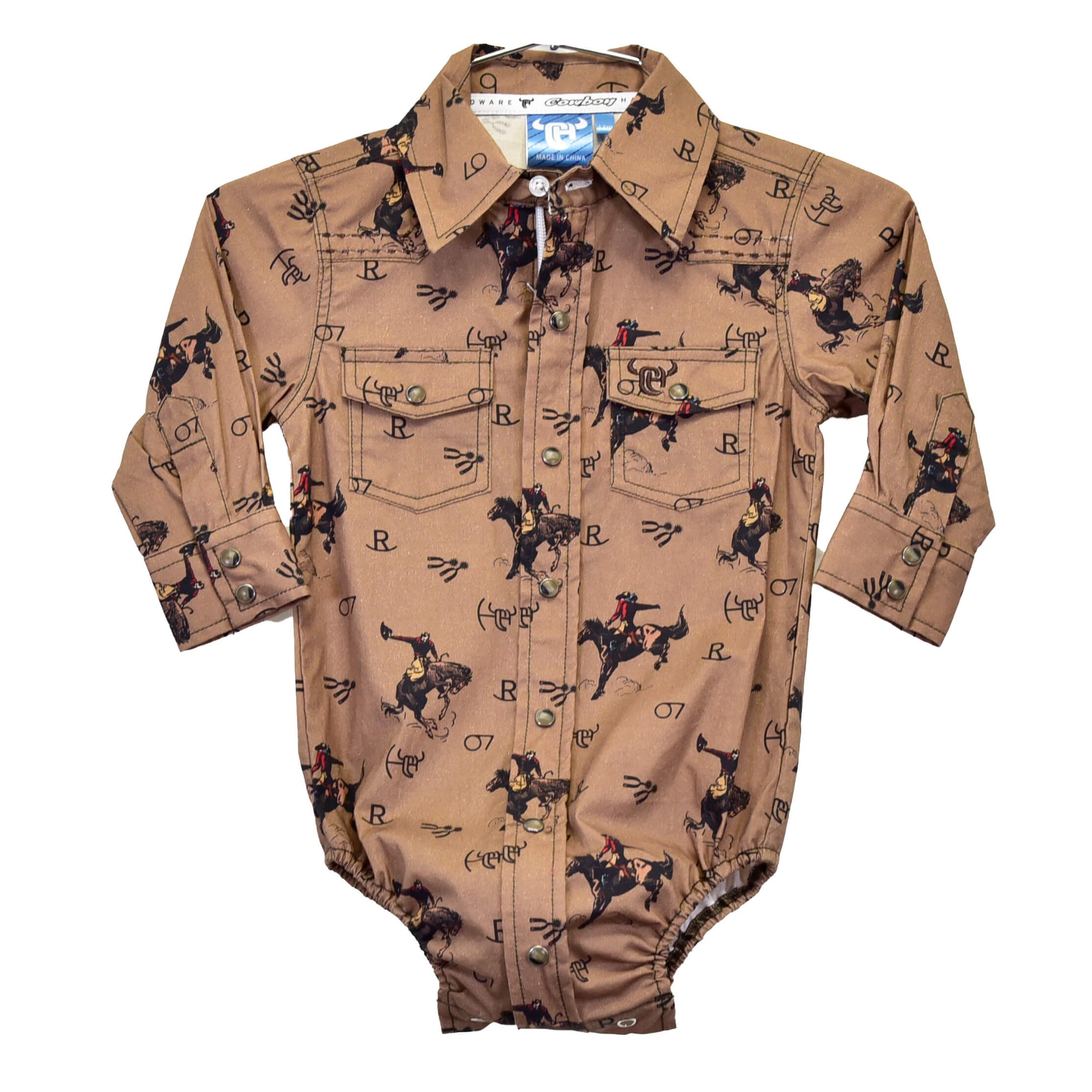 Infant Boys Vintage Bronc Brown Long Sleeve Print Romper from Cowboy Hardware