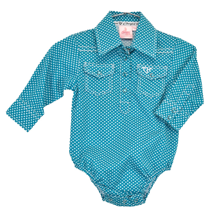 Infant Girl's CH Dark Turquoise "Donut" Long Sleeve Romper/Western Shirt from Cowboy Hardware
