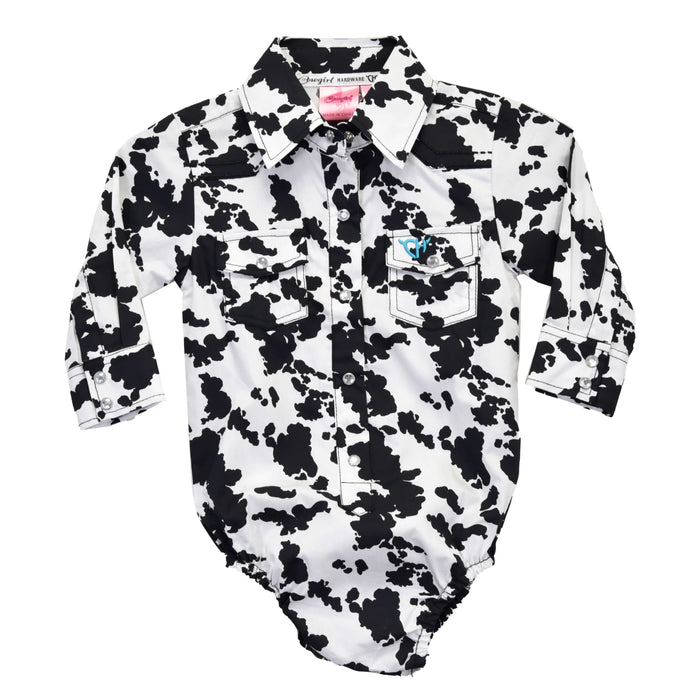 Infant Girl's Cowgirl Hardware Black All Over Cowprint Long Sleeve Western Romper from Cowboy Hardware