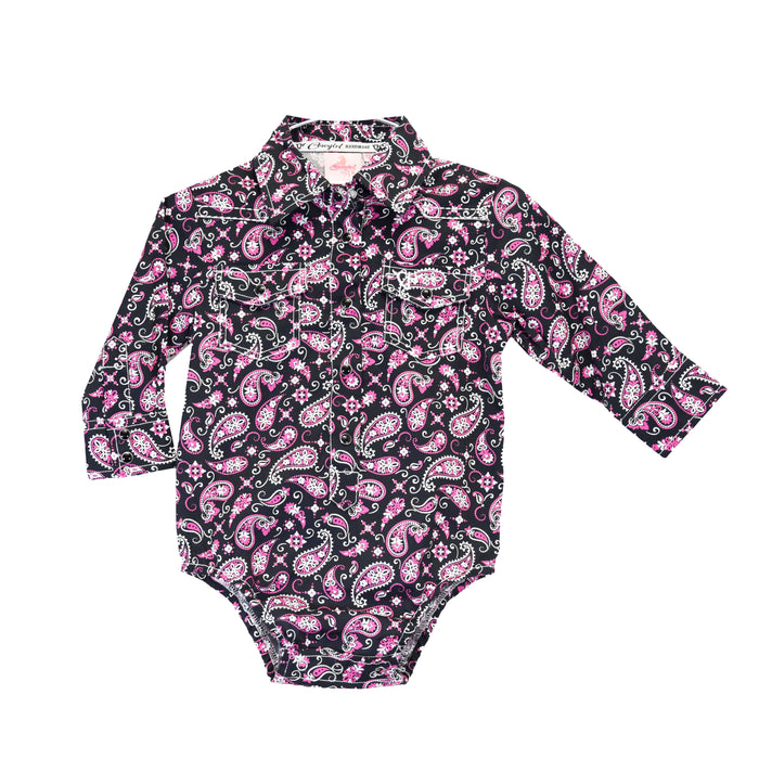 Infant Girls Cowgirl Hardware Black and Pink Bandana Paisley Long Sleeve Print Romper from Cowboy Hardware