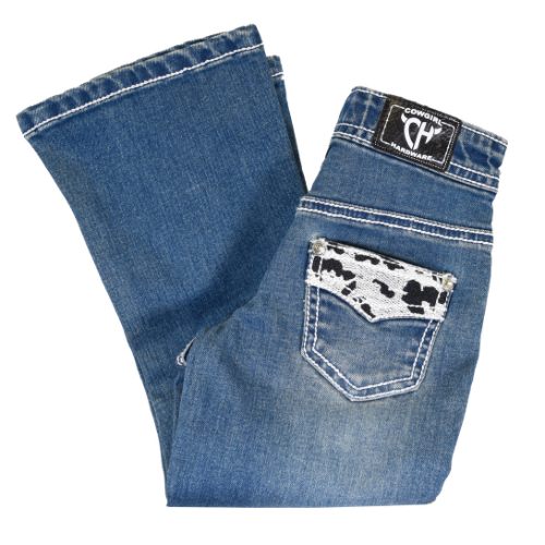 Infant Girls Cowgirl Hardware Medium Wash Black Cowprint Faux Flap Jeans from Cowboy Hardware