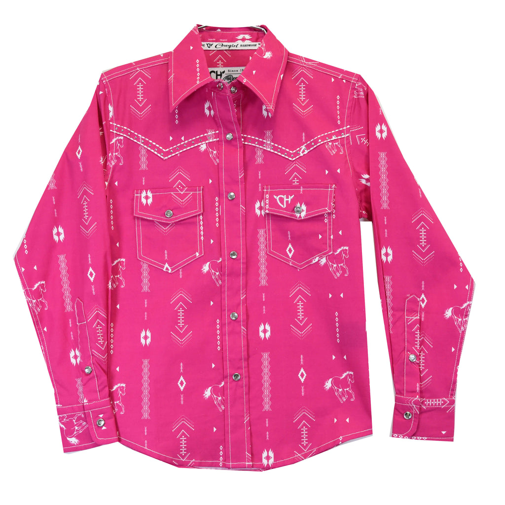 Toddler Girl's Cowgirl Hardware Pink "Horse Aztec" Long Sleeve Western Shirt