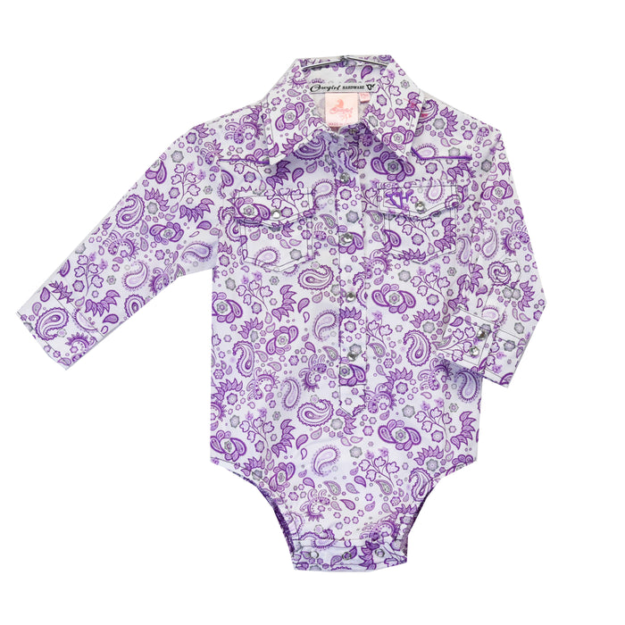 Infant Girls Cowgirl Hardware Purple and White Fun Paisley Long Sleeve Print Romper from Cowboy Hardware