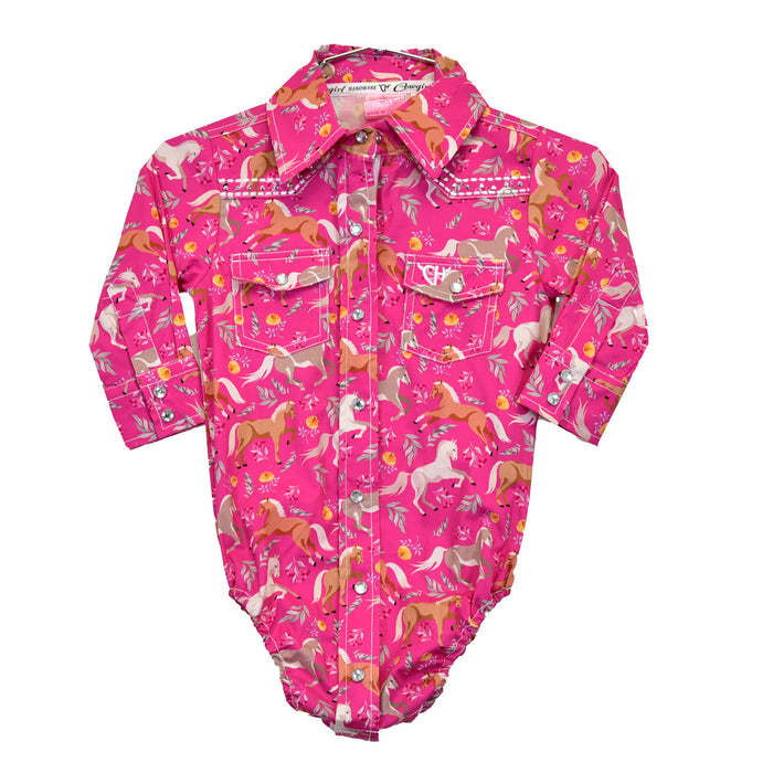 Infant Girls Pink Horse Flowers Long Sleeve Print Romper from Cowboy Hardware