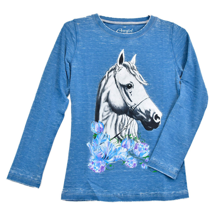 Infant Girls Watercolor Horse Dusty Blue Long Sleeve AW Tee from Cowboy Hardware