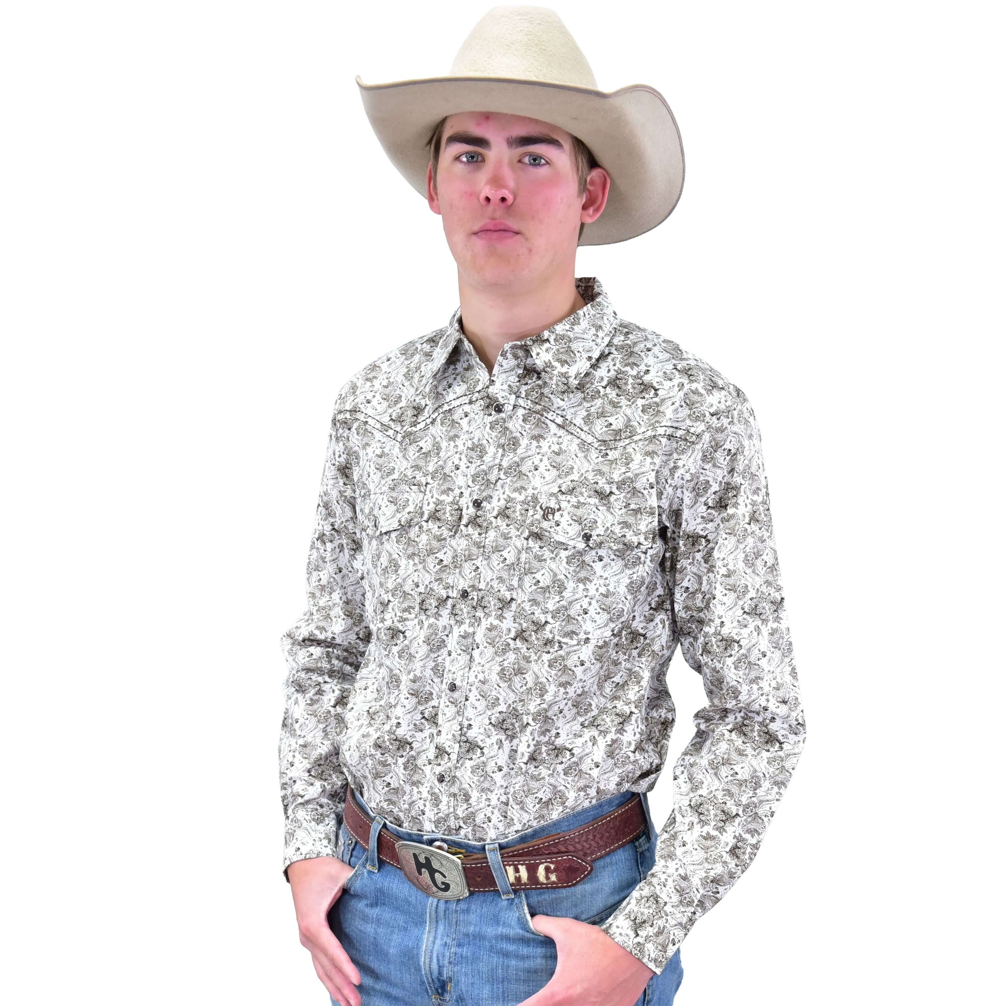 Men's Brown "Floral Steerhead" Long Sleeve Western Shirt from Cowboy Hardware