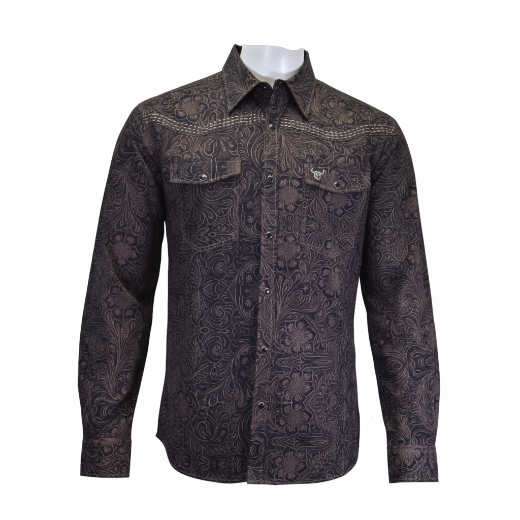 Men's Brown "Tooled Floral" Long Sleeve Western Shirt from Cowboy Hardware
