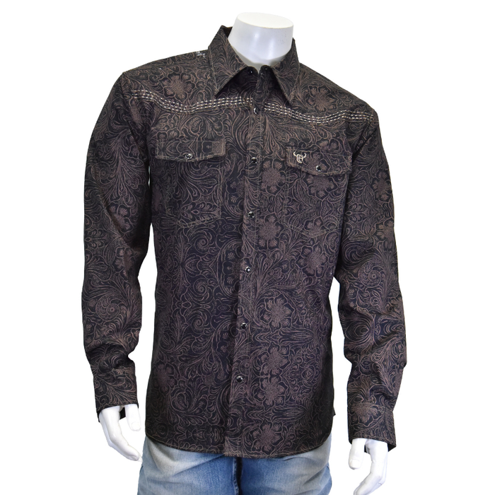 Men's Brown "Tooled Floral" Long Sleeve Western Shirt from Cowboy Hardware
