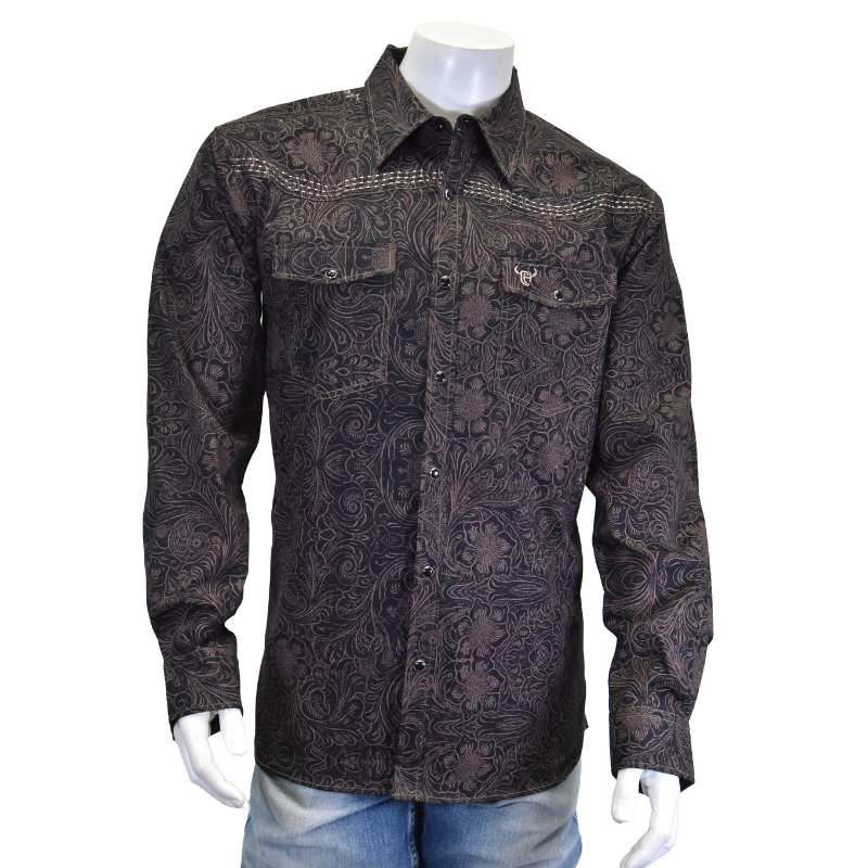 Men's Brown "Tooled Floral" Long Sleeve Western Shirt from Cowboy Hardware