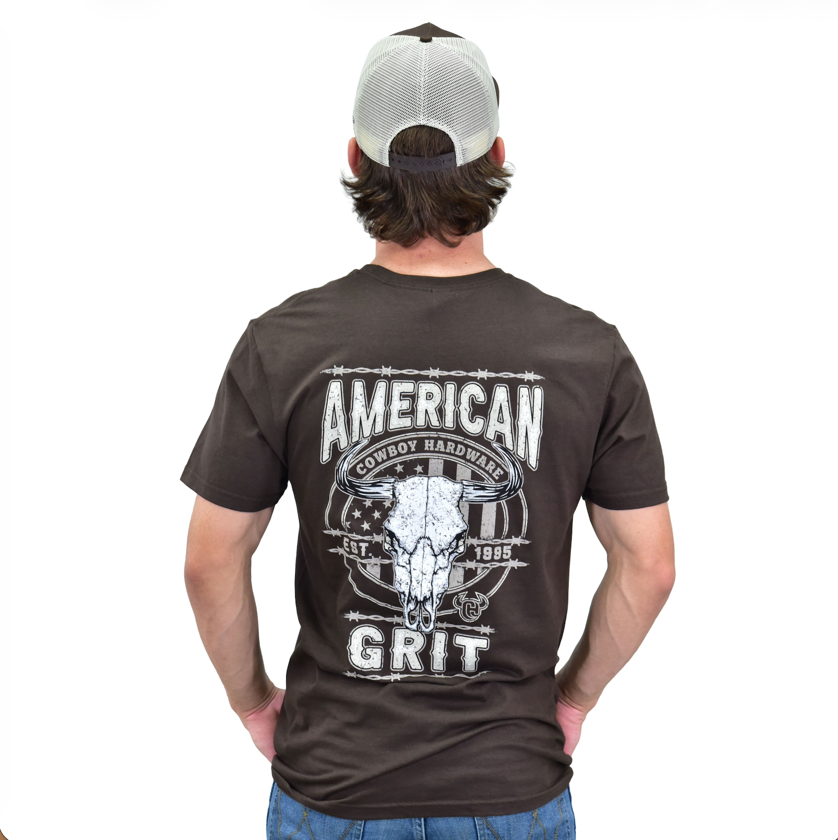 Men's CH Dark Brown "American Grit" Short Sleeve T-Shirt from Cowboy Hardware Back view