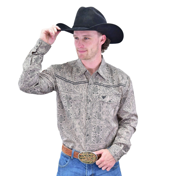Men's CH Tan "Tooled Floral" Long Sleeve Western Shirt from Cowboy Hardware