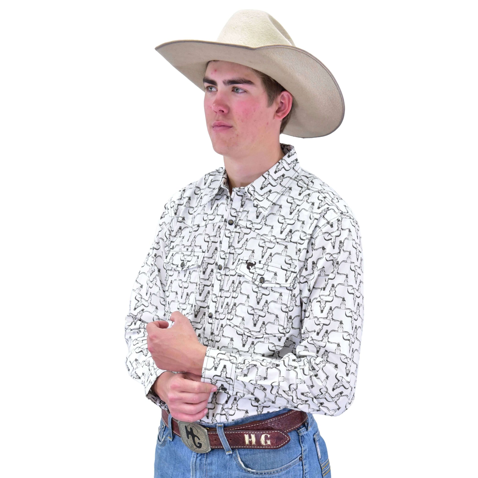 Men's CH White "Hombre Skull" Long Sleeve Western Shirt from Cowboy Hardware