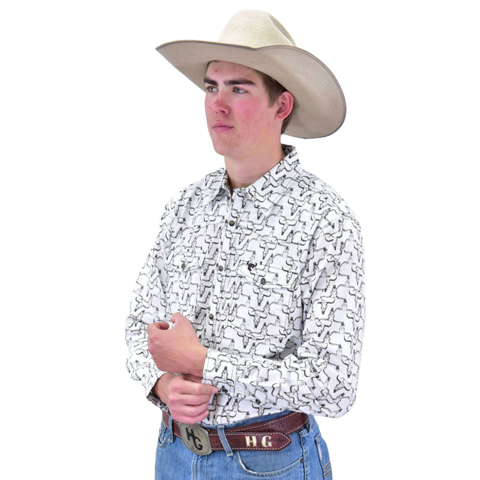 Men's CH White "Hombre Skull" Long Sleeve Western Shirt from Cowboy Hardware