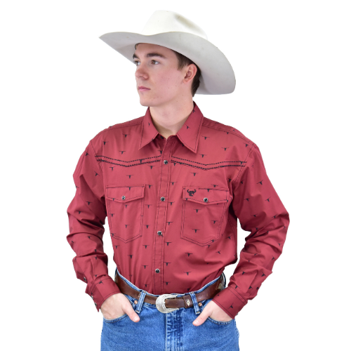 Men's Chili Red "Scatter Skull" Long Sleeve Western Shirt from Cowboy Hardware