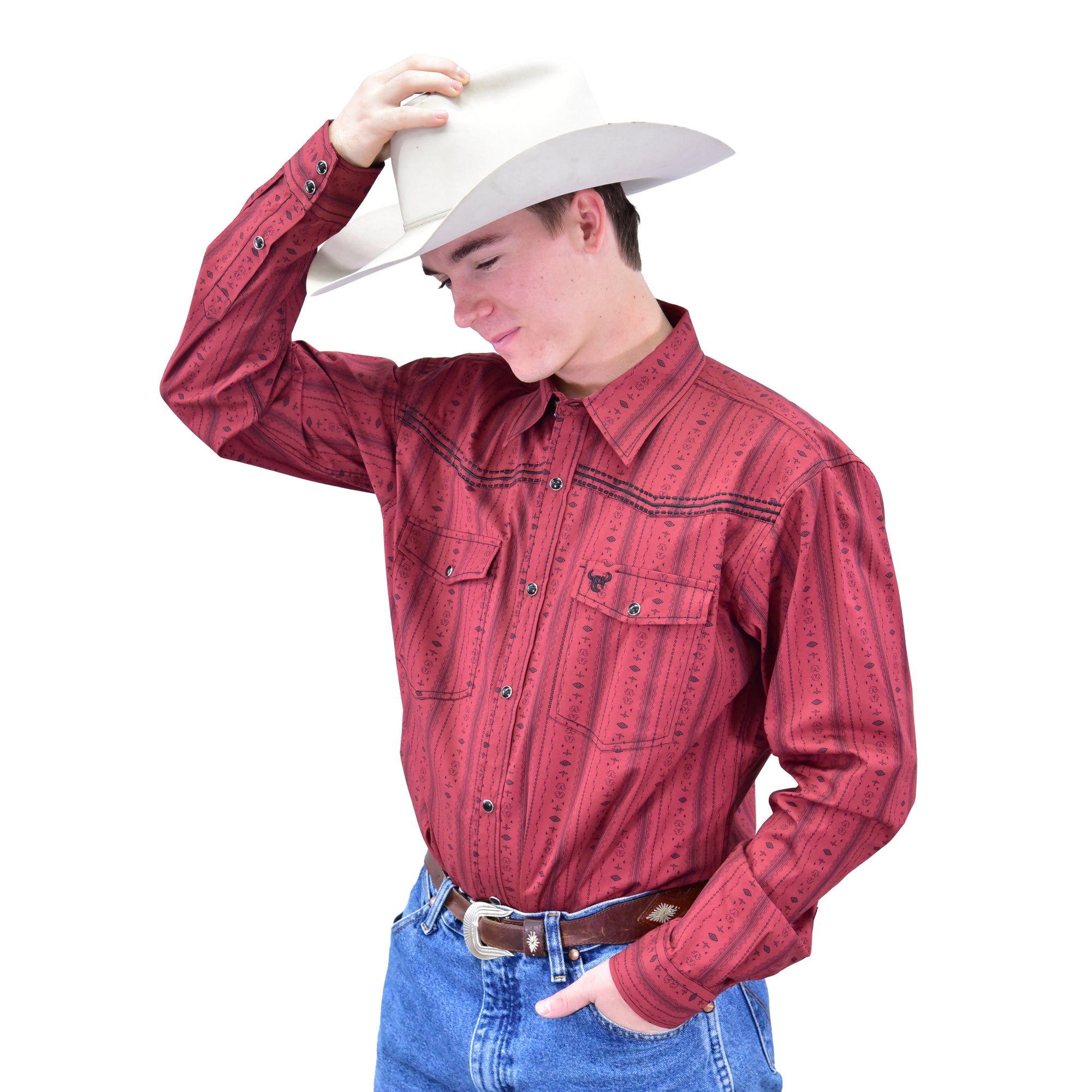Men's Chili Red "Striped Aztec" Long Sleeve Western Shirt from Cowboy Hardware