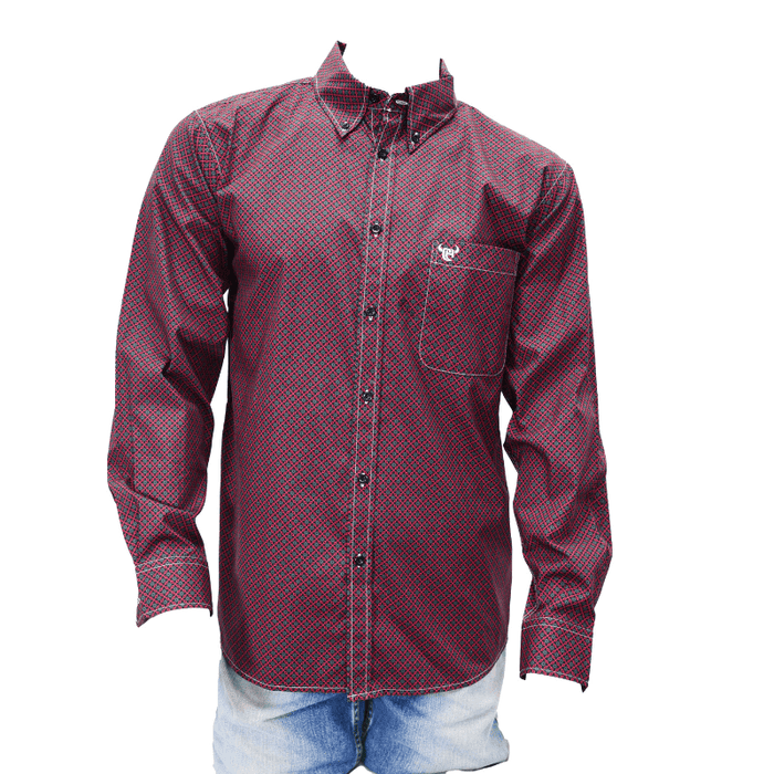 Men's Dark Red Puzzle Star Long Sleeve Western Shirt with Buttons from Cowboy Hardware