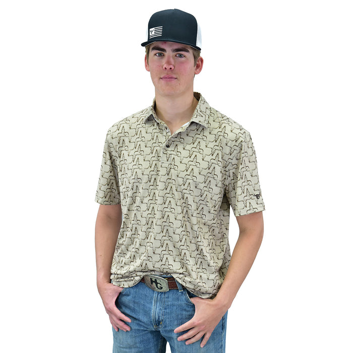 Man wearing hombre skull tan short sleeve polo