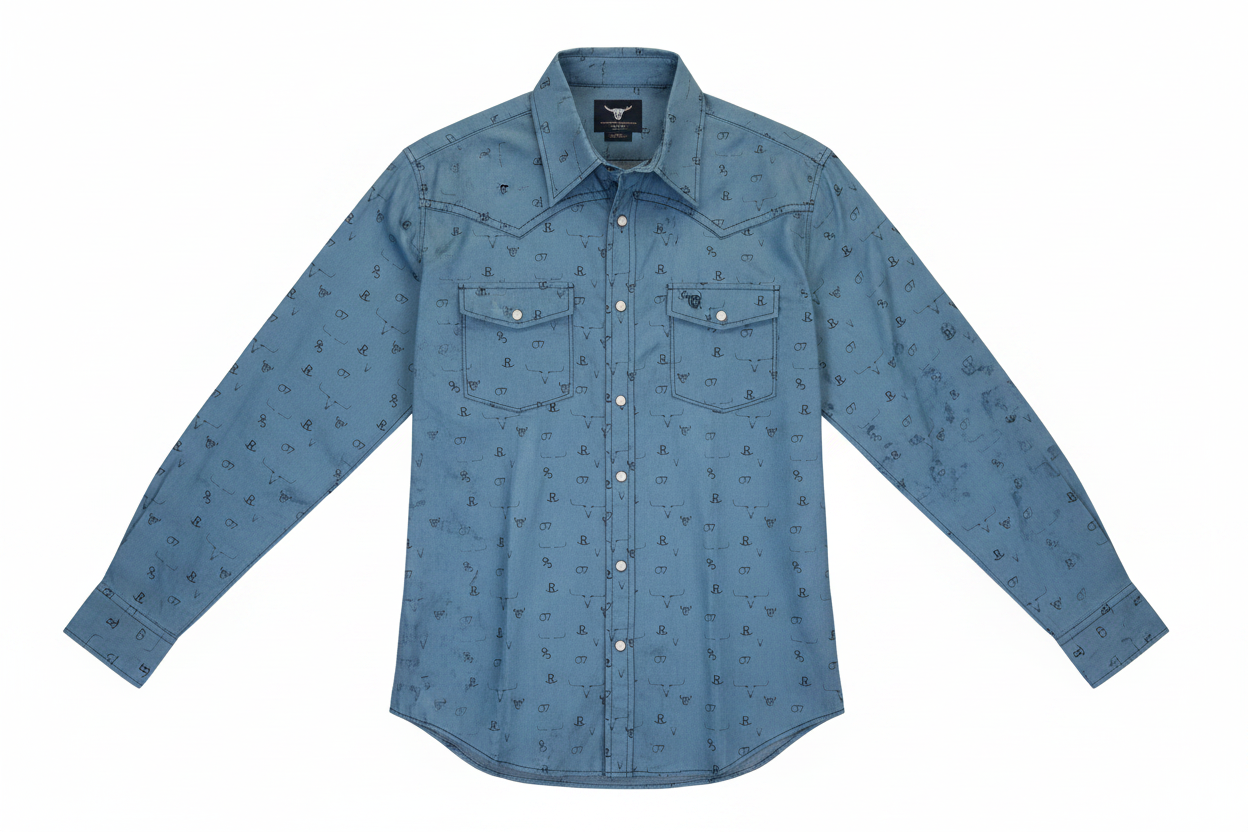 Men's Indigo Blue Branding Irons Long Sleeve Western Shirt from Cowboy Hardware