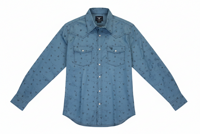 Men's Indigo Blue Branding Irons Long Sleeve Western Shirt from Cowboy Hardware