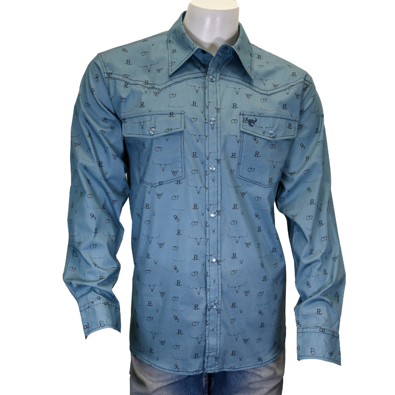 Men's Cowboy Hardware Indigo Blue Branding Irons Long Sleeve Western Shirt Men's Cowboy Hardware Indigo Blue Branding Irons Long Sleeve Western Shirt