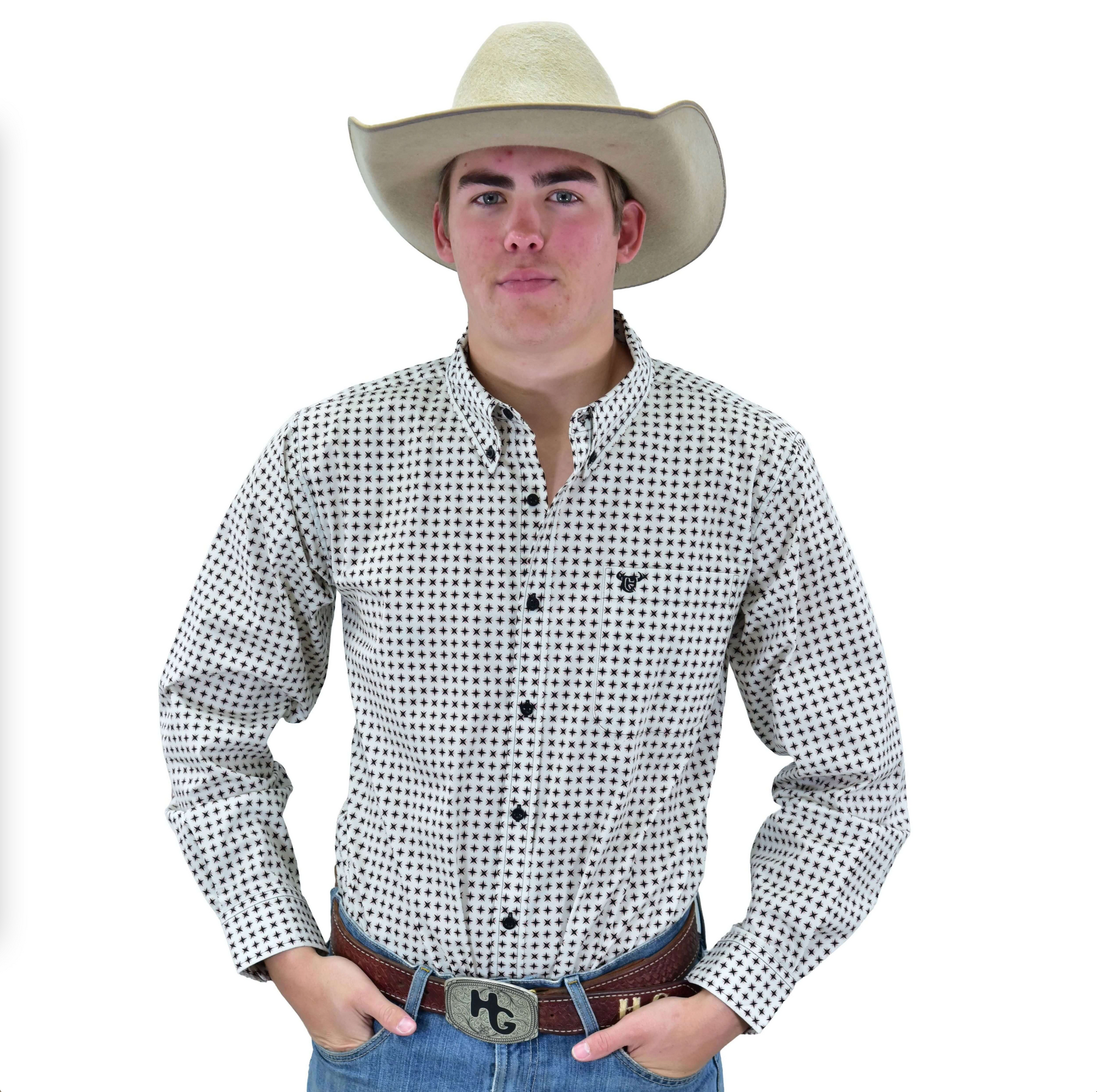 Men's Light Gray "Circle Star" Long Sleeve Western Shirt from Cowboy Hardware