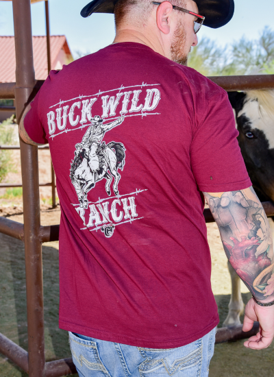 Men's Maroon "Buck Wild Ranch" Short Sleeve T-Shirt from Cowboy Hardware