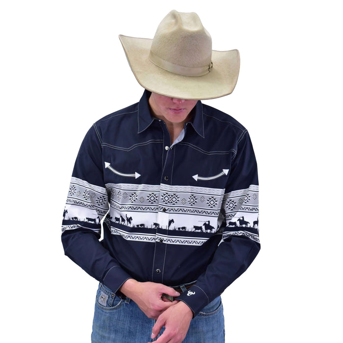 Men's Navy Blue "Ranchin' Cowboy" Long Sleeve Western Shirt from Cowboy Hardware