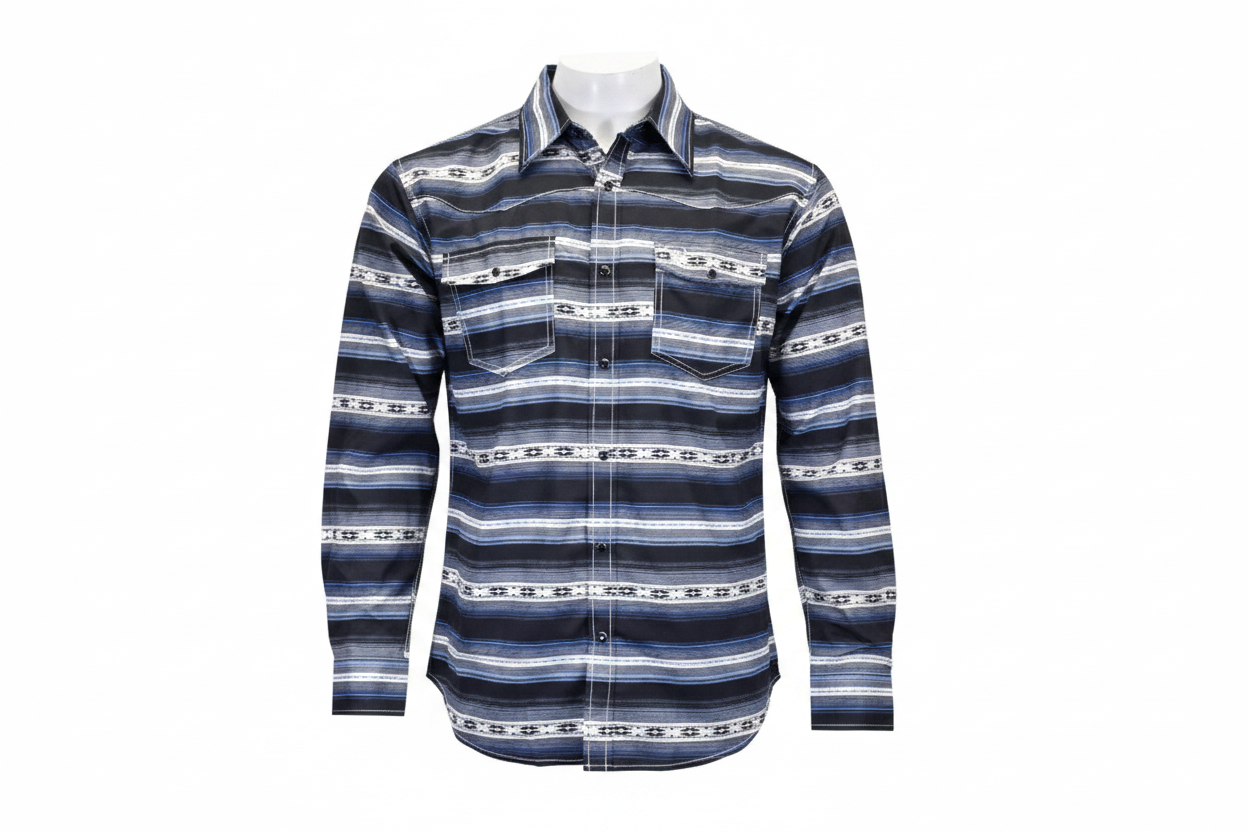 Men's Navy Striped Aztec Long Sleeve Print Western Shirt from Cowboy Hardware