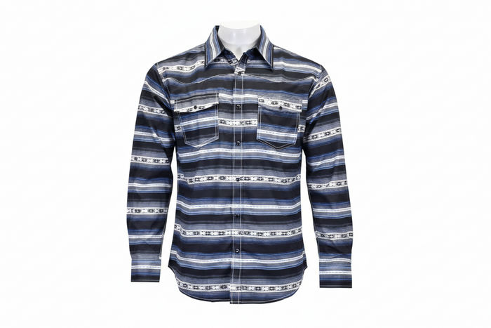 Men's Navy Striped Aztec Long Sleeve Print Western Shirt from Cowboy Hardware
