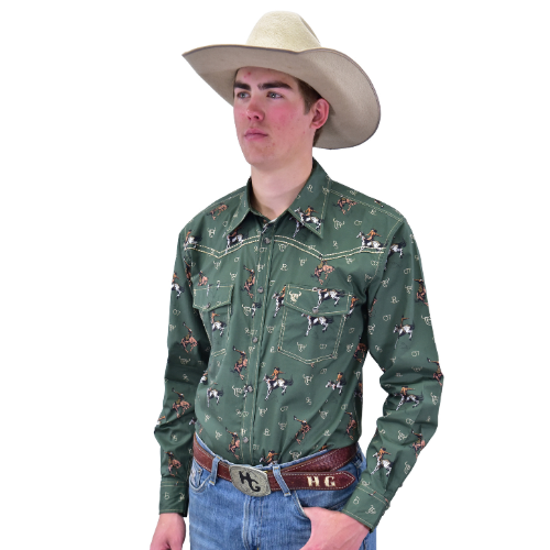 Men's Olive Green "Vintage Bronc" Long Sleeve Western Shirt from Cowboy Hardware