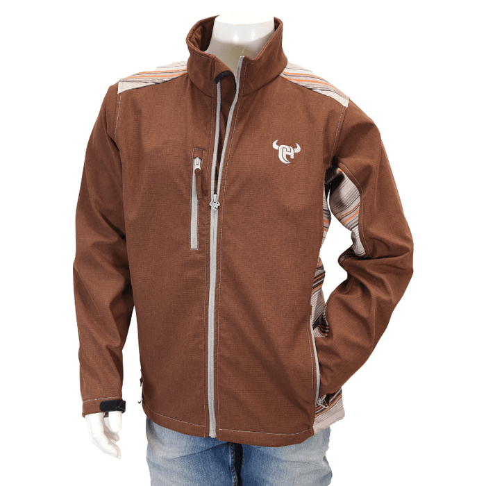 Men's Reversed Desert Serape Poly Shell Jacket in Reddish Brown with Serape in Orange,Dk Brown and Grey Stripes. from Cowboy Hardware