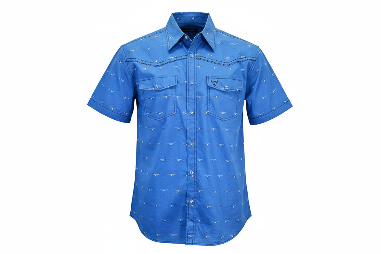 Men's "All Over Skull" Blue Short Sleeve Western Shirt from Cowboy Hardware