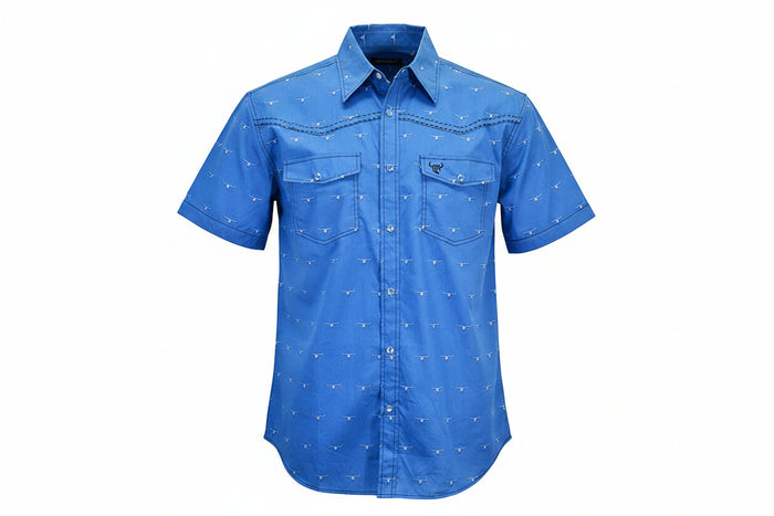 Men's "All Over Skull" Blue Short Sleeve Western Shirt from Cowboy Hardware