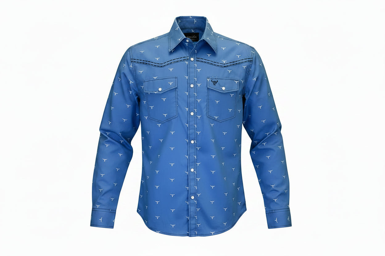 Men's "Scatter Skull" Indigo Blue Long Sleeve Western Shirt from Cowboy Hardware