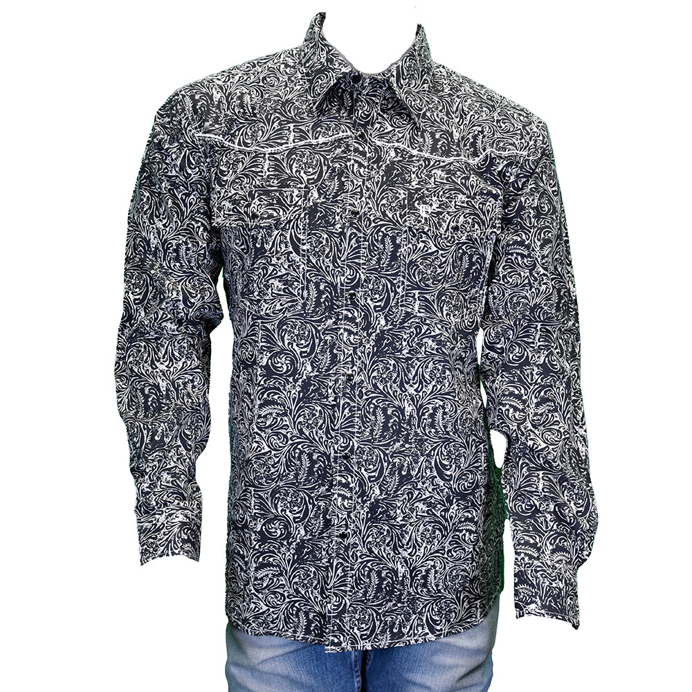 Men's "Tooled Leather" Black Long Sleeve Western Shirt from Cowboy Hardware