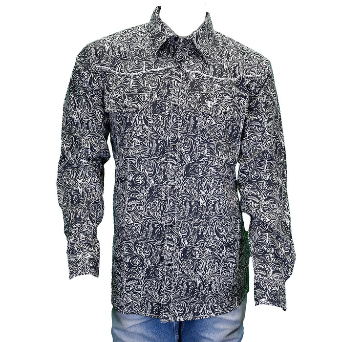 Men's "Tooled Leather" Black Long Sleeve Western Shirt from Cowboy Hardware
