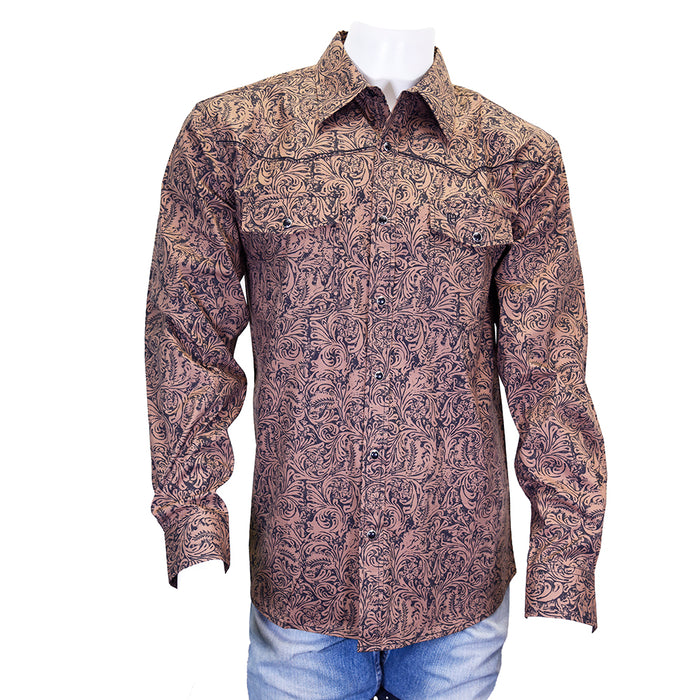 Men's "Tooled Leather" Brown Long Sleeve Western Shirt from Cowboy Hardware
