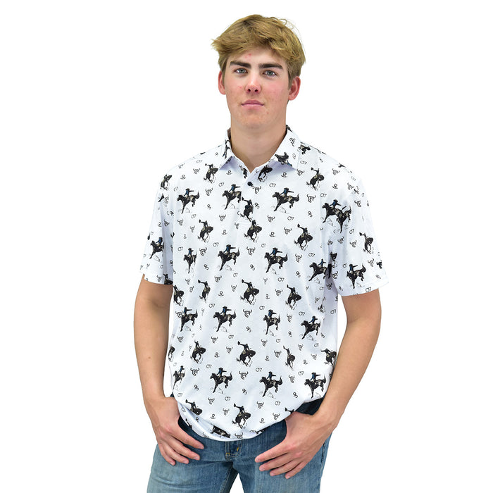 Cowboy wearing men's vintage bronc white short sleeve polo
