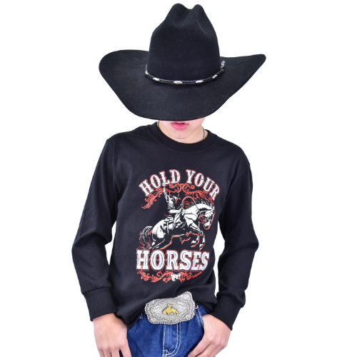 Toddler Boy's Black "Hold Your Horses" Long Sleeve T-Shirt from Cowboy Hardware