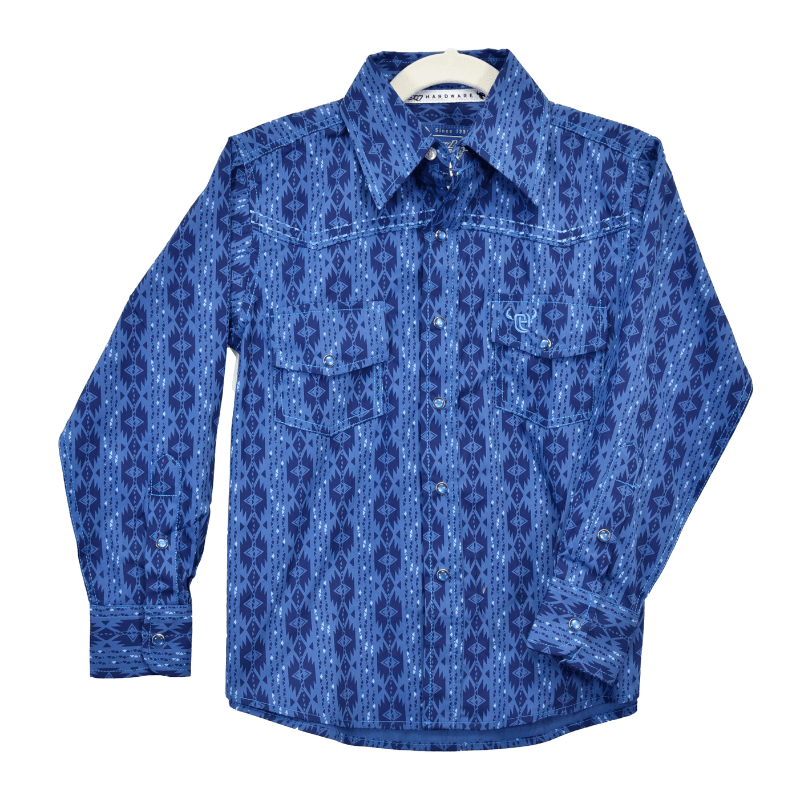 Toddler Boy's Blue Long Sleeve Tonal Aztec Western Shirt from Cowboy Hardware