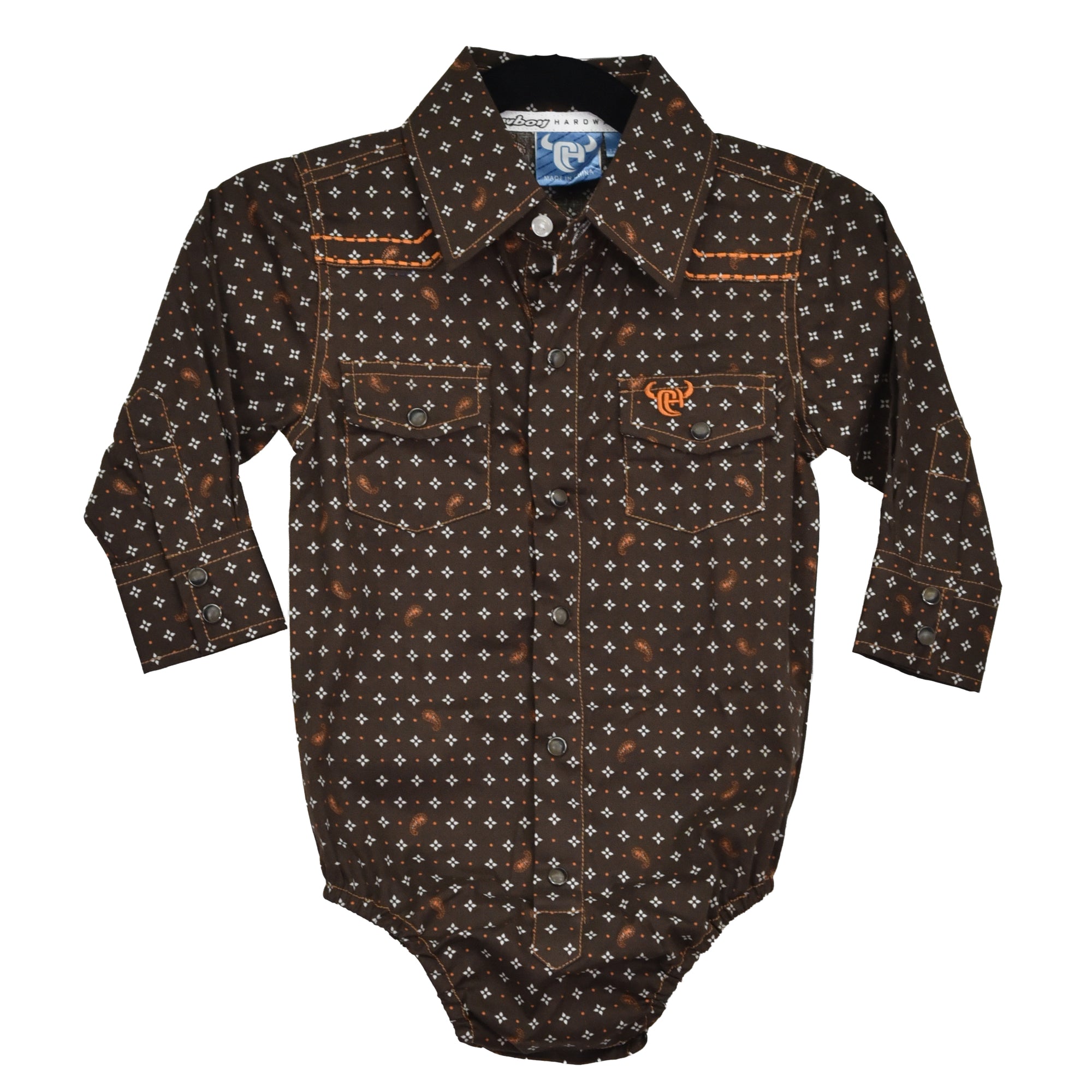 Toddler Boy's CH Dark Brown "Paisley Geo" Long Sleeve Romper Western Shirt from Cowboy Hardware