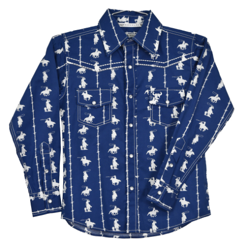 Toddler Boy's CH Navy Blue "Barbed Roper" Long Sleeve Western Shirt from Cowboy Hardware