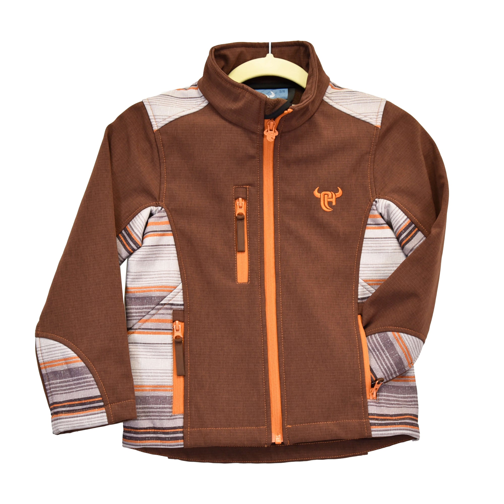 Toddler Boy's Reversed Brown Desert Serape Poly Shell Jacket with Serape in Orange, Dark Brown and Grey Stripes. from Cowboy Hardware