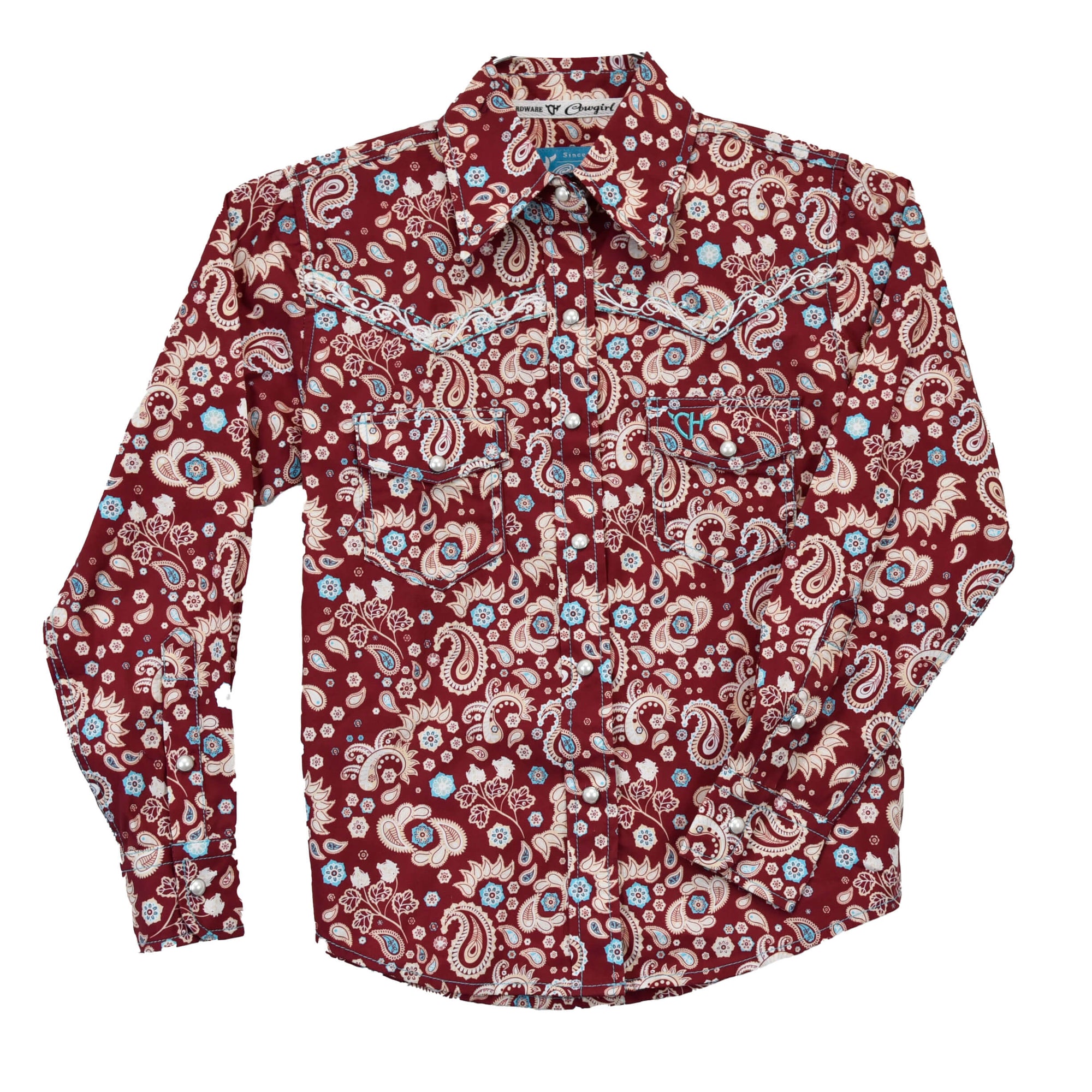Toddler Cowgirl Hardware Burgundy Paisley Print Long Sleeve Western Shirt with pearl snaps from Cowboy Hardware