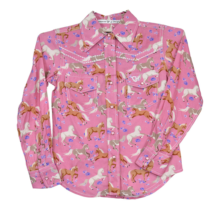 Toddler Girl's CH Pink "Horse & Flowers" Long Sleeve Western Shirt from Cowboy Hardware