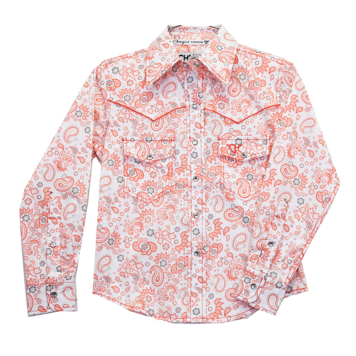 Toddler Girl's Coral/White "Fun Paisley" Long Sleeve Western Shirt from Cowboy Hardware