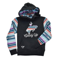 Toddler Girl's Cowgirl Hardware Black Heather Giddy Up Fleece Hoody with Serape Sleeves of Blue, Purple and Orange. from Cowboy Hardware
